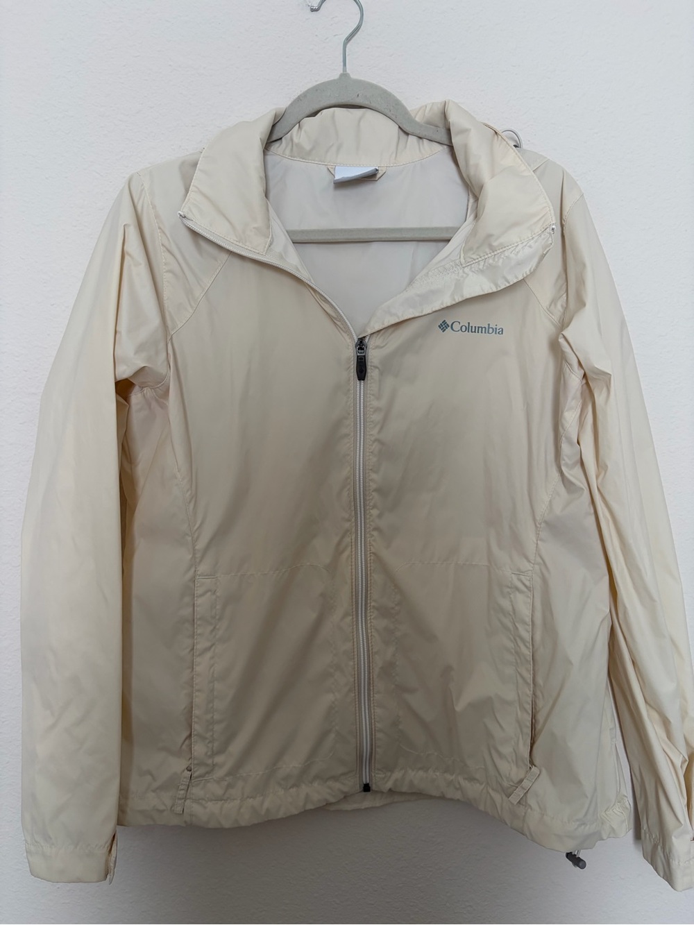 Columbia Large Packable Lightweight Cream Windbreaker Jacket w/ Retractable Hood
